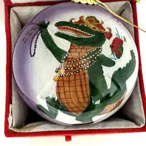 The Beach Combers Mardi Gras Gator & Crawfish Glass Painted Christmas Ornament
